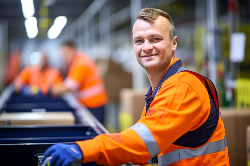 Confident assembly line worker at work on blurred background