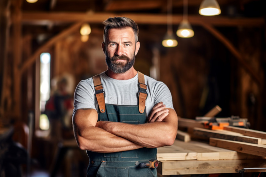 Carpenter working hard in a busy workshop on blured background