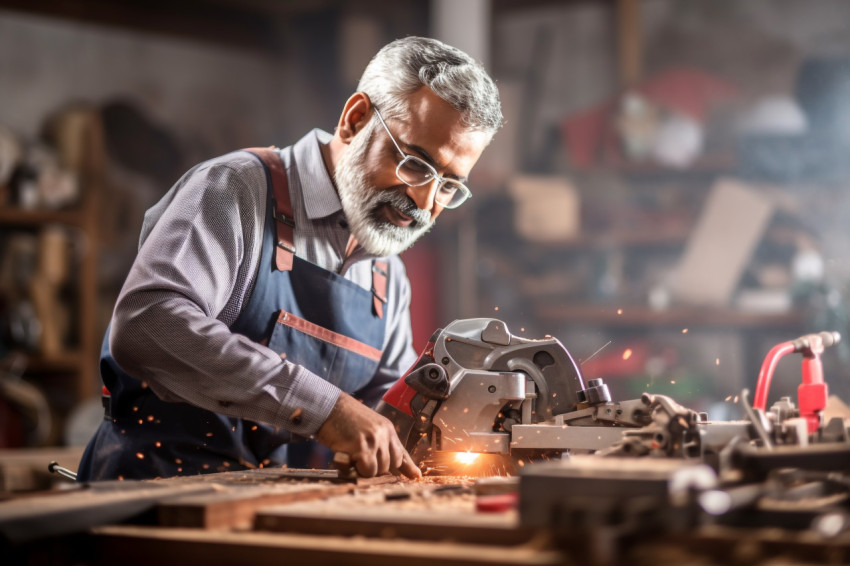 Hardworking Indian tool and die maker at work on blurred background