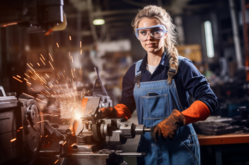 Confident woman in manufacturing at work on blurred background