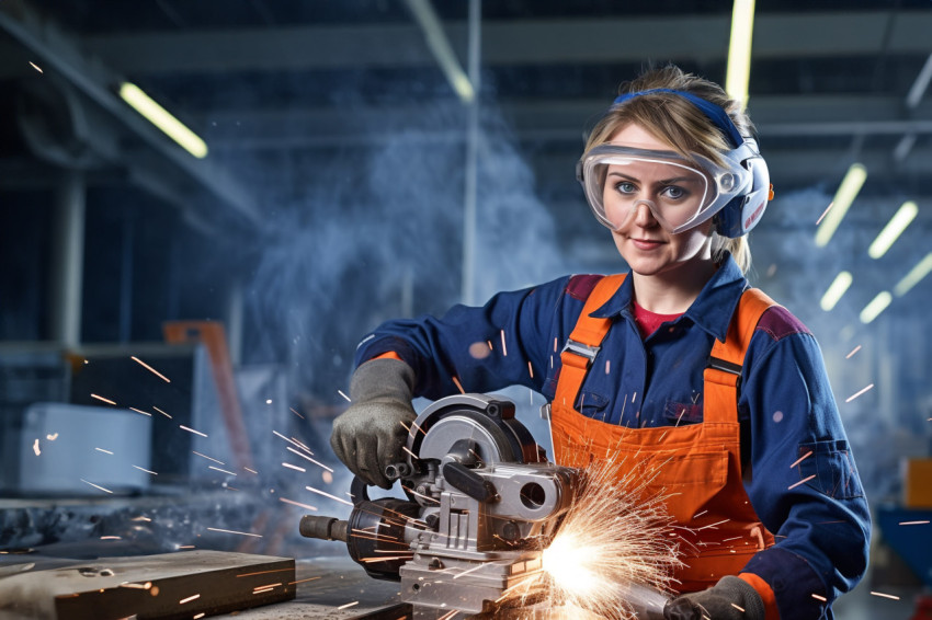 Confident woman in manufacturing at work on blurred background