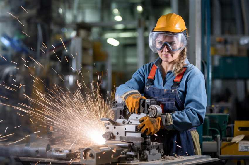 Confident woman in manufacturing at work on blurred background