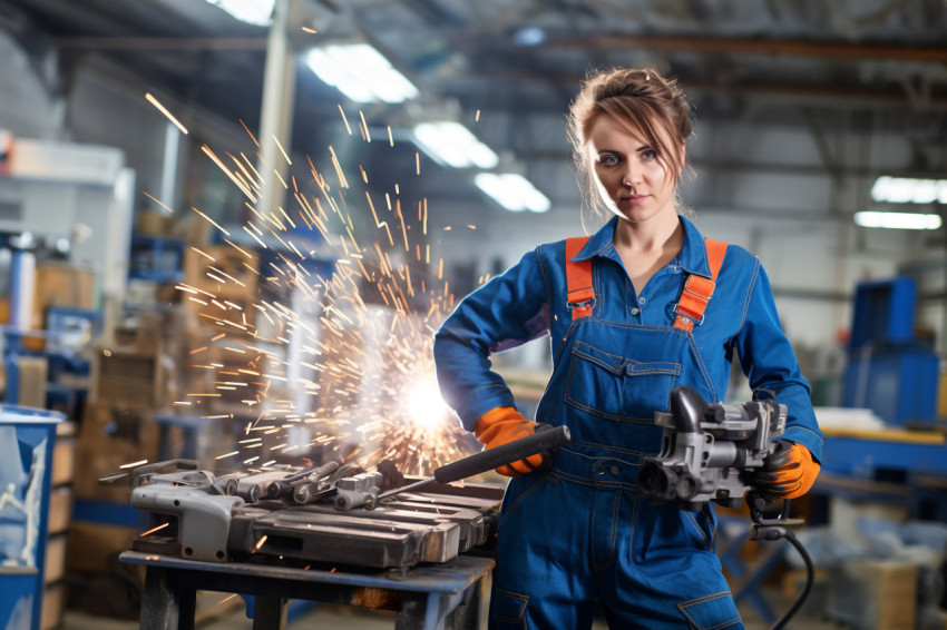 Confident woman in manufacturing at work on blurred background