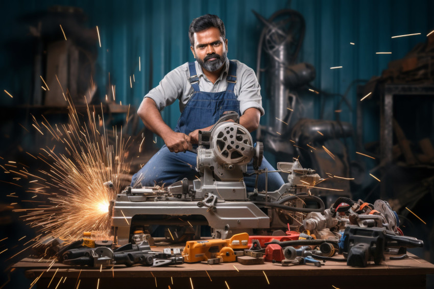 Hardworking Indian tool and die maker at work on blurred background