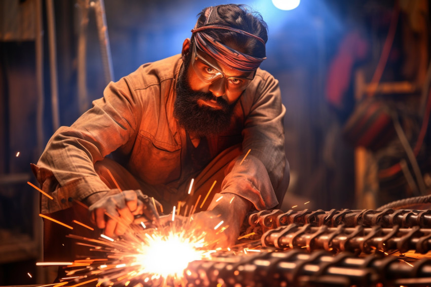 Smiling Indian male welder at work on blurred background