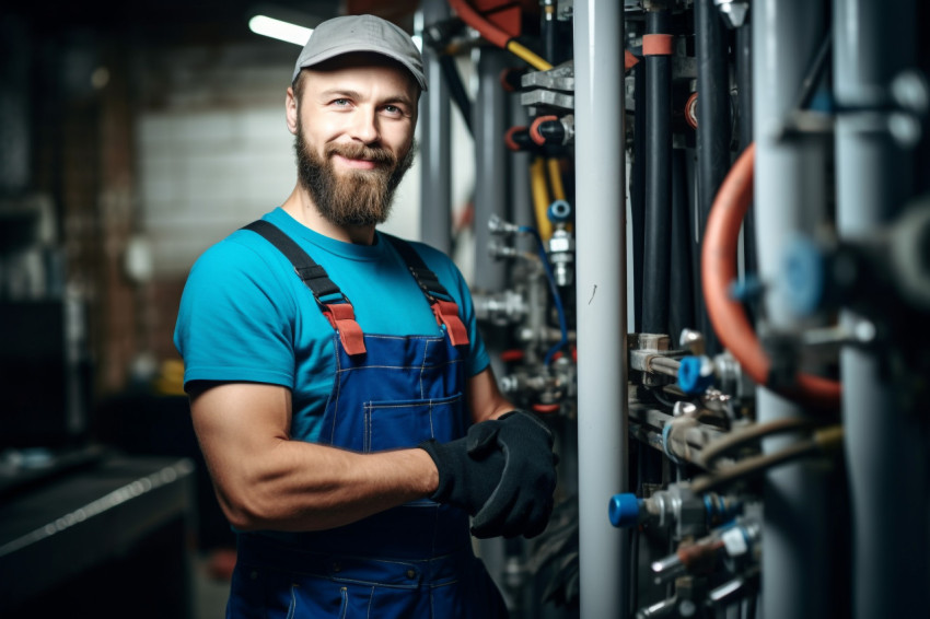 Woman plumber hard at work on blurred background