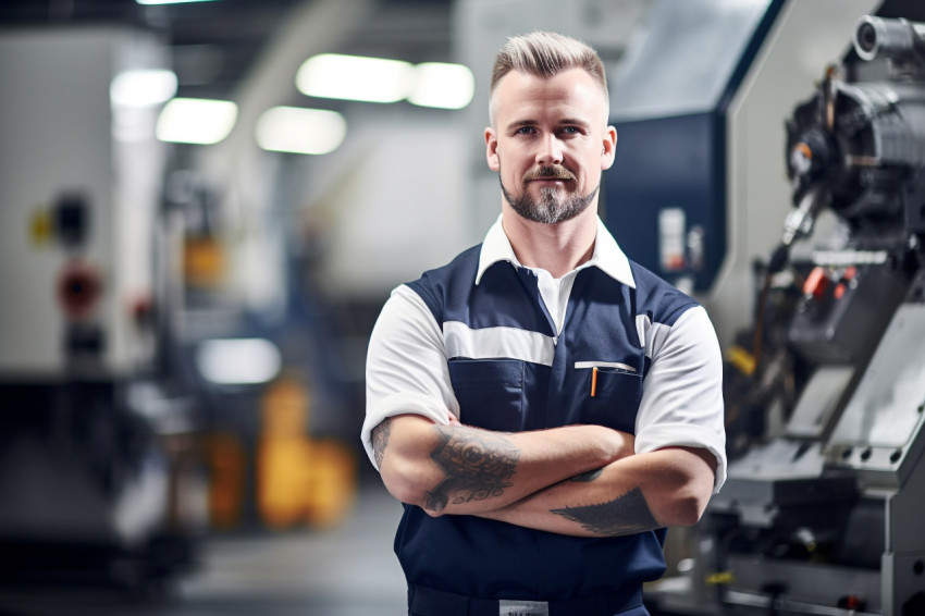 Confident machinist working on blurred background