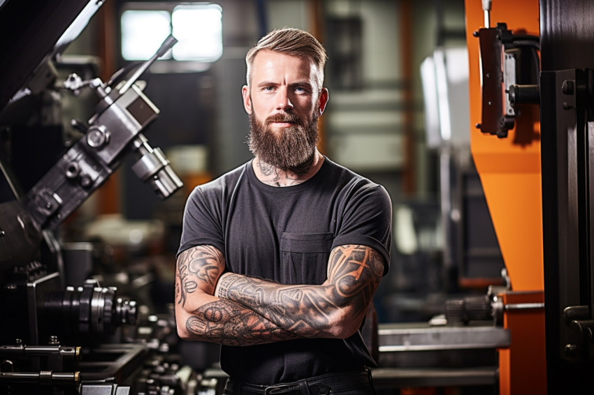 Confident machinist working on blurred background