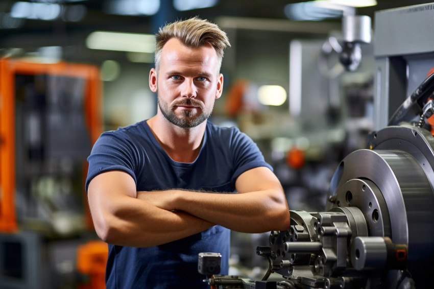 Confident machinist working on blurred background