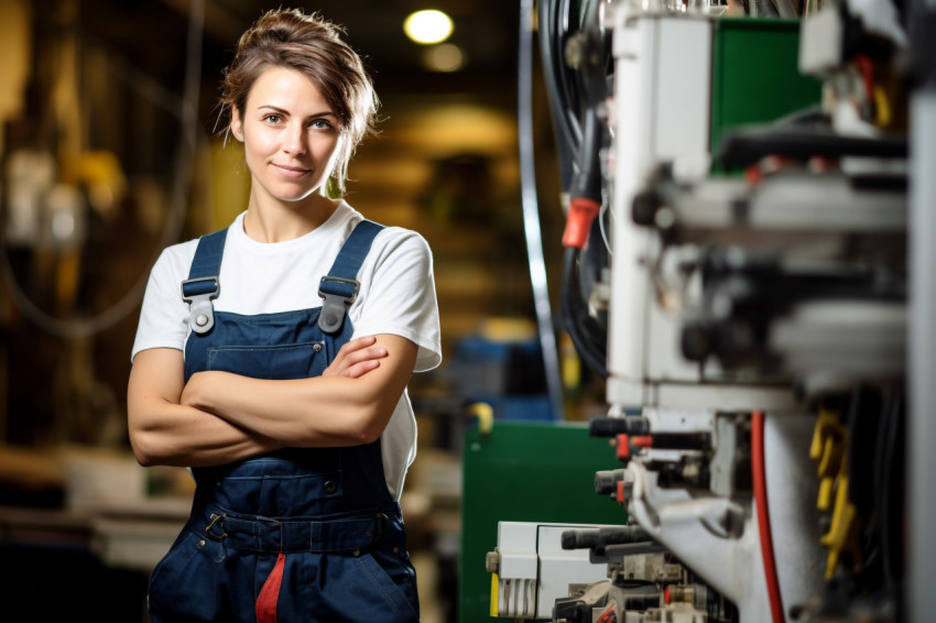 Woman plumber hard at work on blurred background