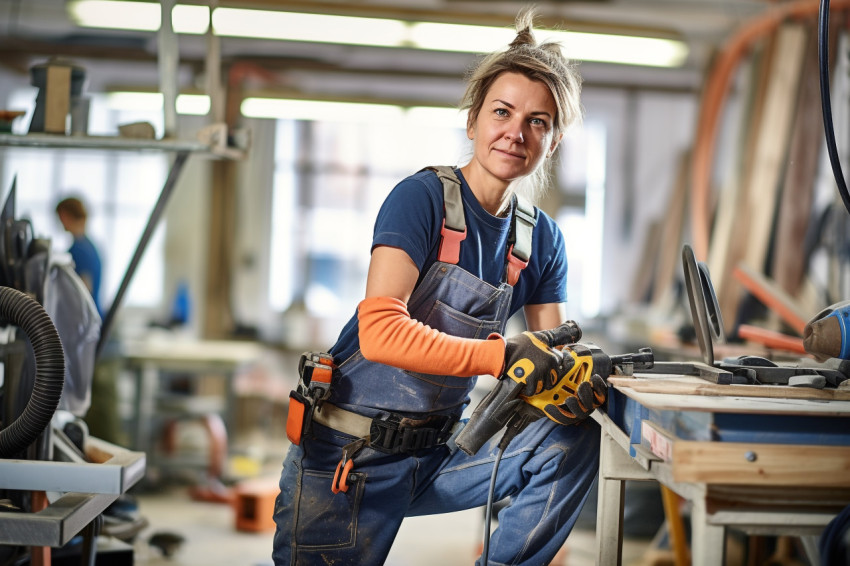 Woman plumber hard at work on blurred background