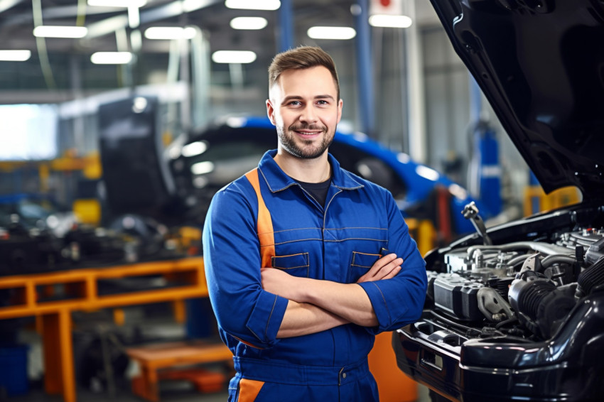 Expert mechanic working in garage on blurred background