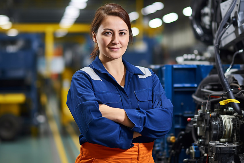 Woman working on assembly line on blurred background