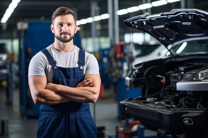 Expert mechanic working in garage on blurred background