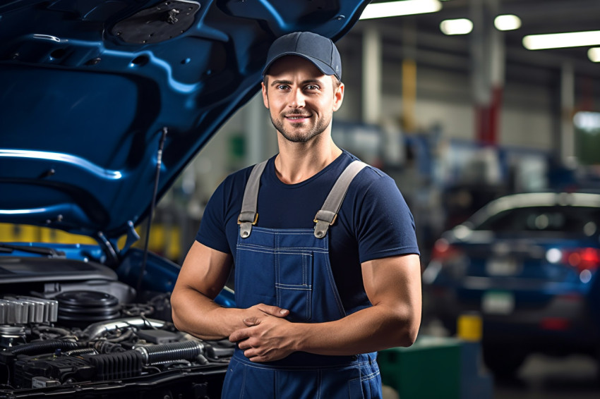 Expert mechanic working in garage on blurred background