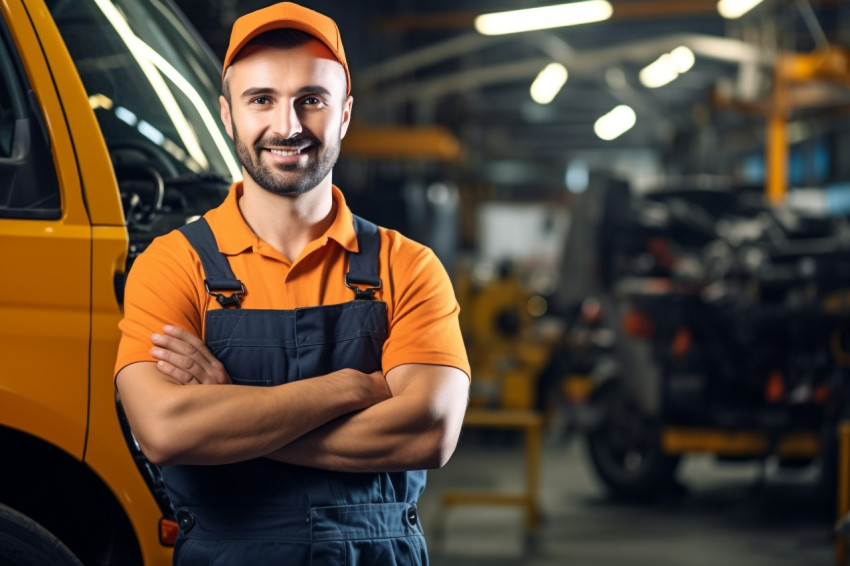 Expert mechanic working in garage on blurred background