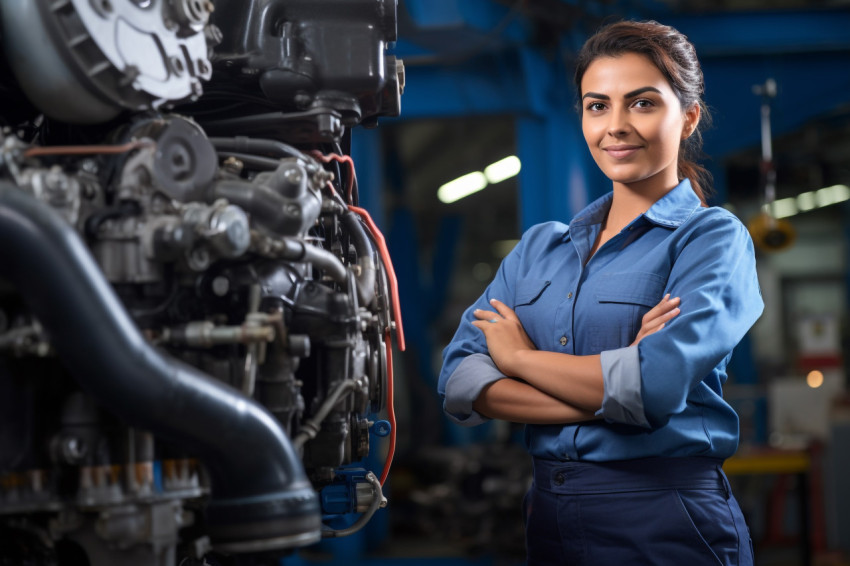 Indian woman mechanic working on blurred background