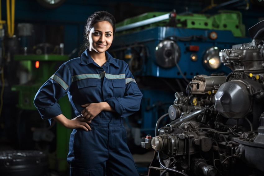 Indian woman mechanic working on blurred background