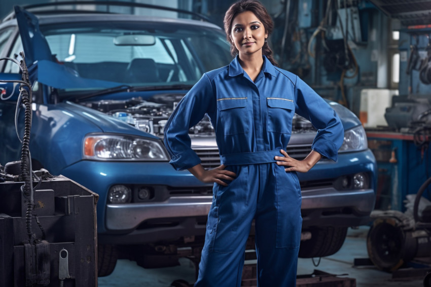 Indian woman mechanic working on blurred background