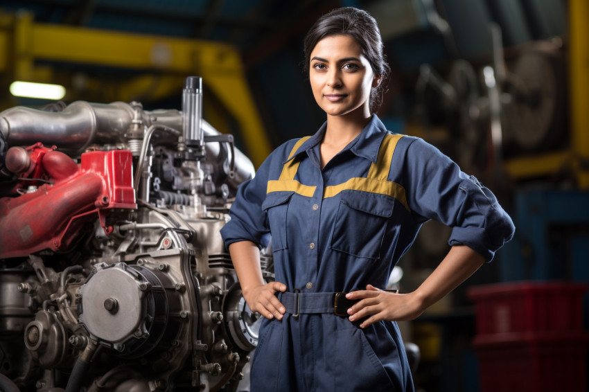 Indian woman mechanic working on blurred background