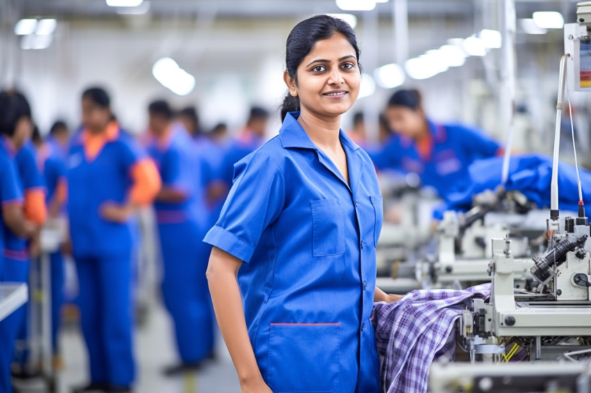 Indian woman assembly line worker working confidently on blurred background