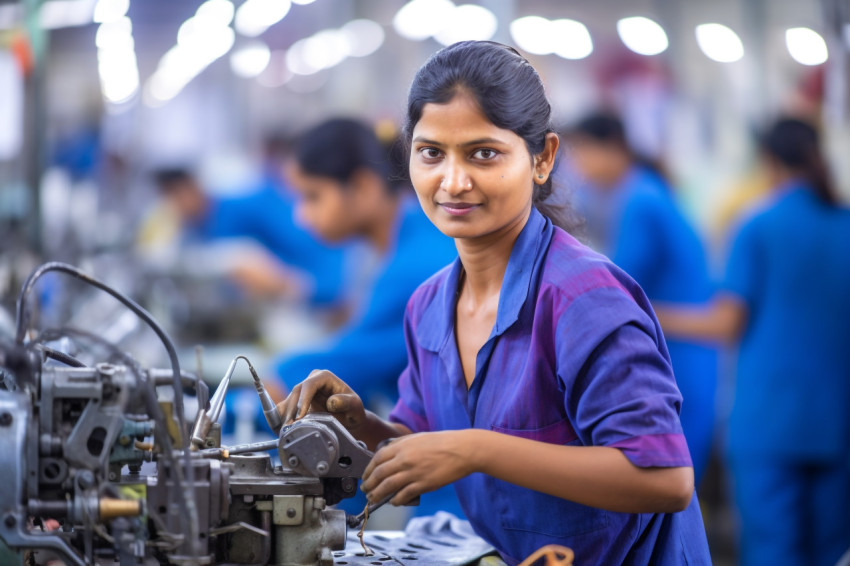 Indian woman assembly line worker working confidently on blurred background