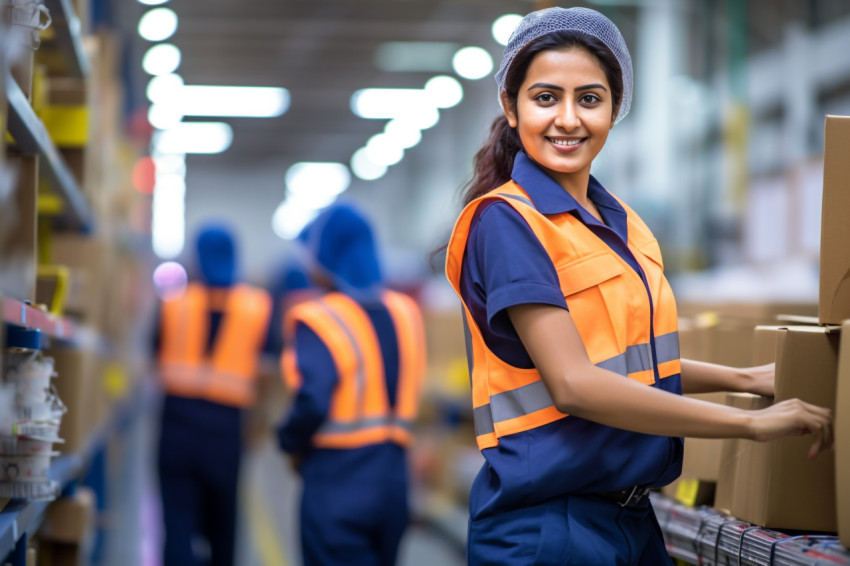 Indian woman assembly line worker working confidently on blurred background