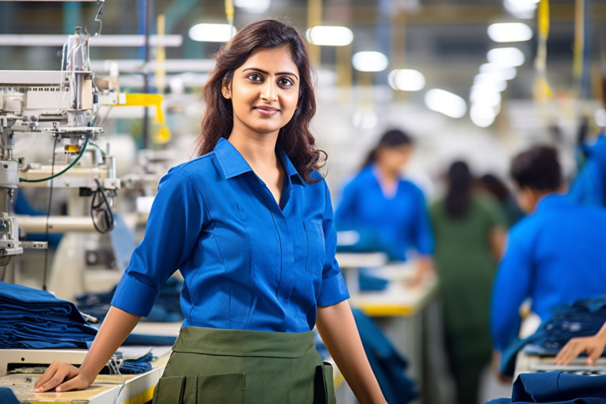 Indian woman assembly line worker working confidently on blurred background