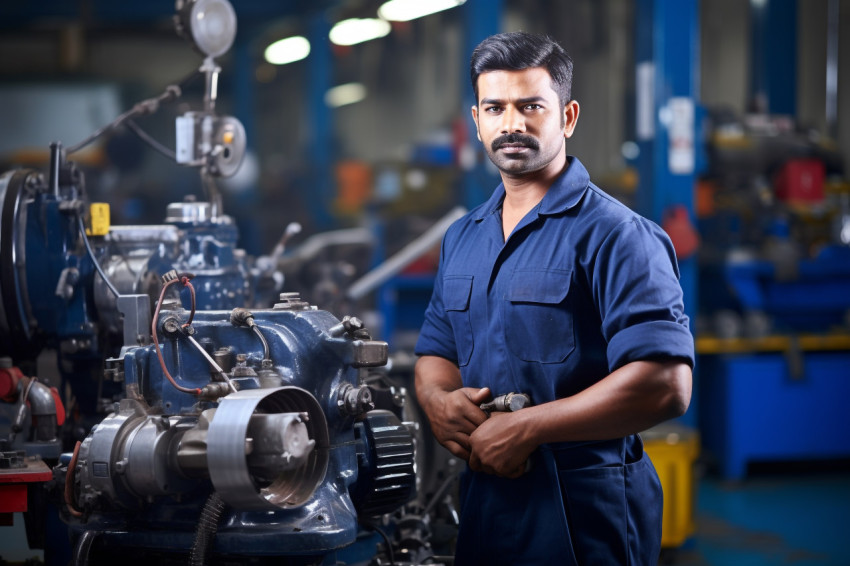 Confident Indian man machinist working in a factory on blurred background