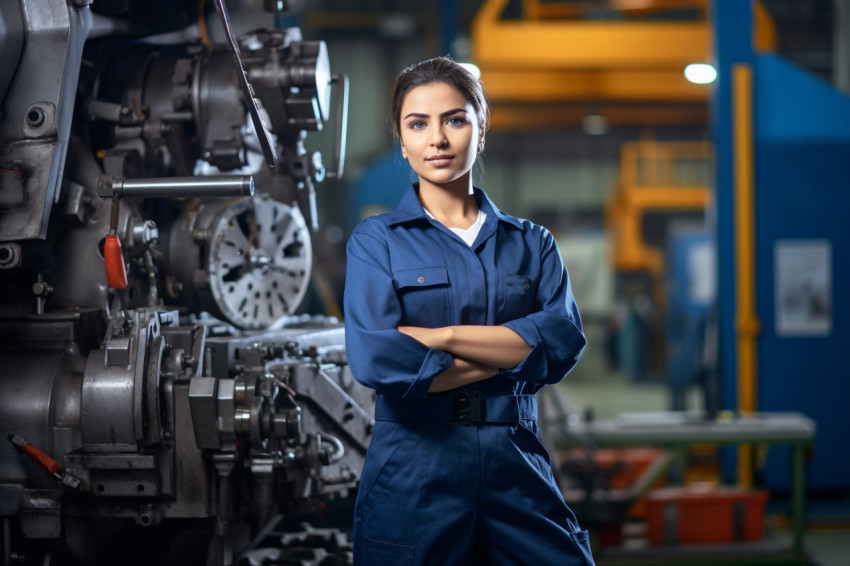 Confident Indian woman machinist working in a factory on blurred background