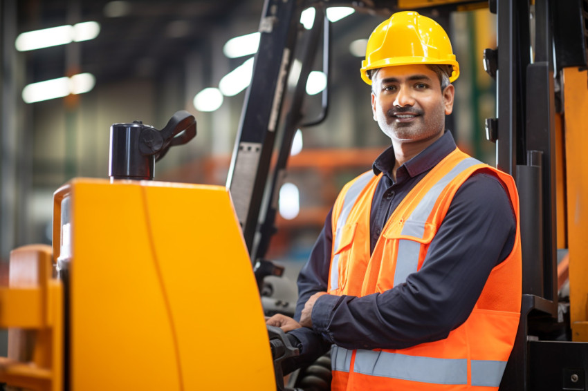 Indian man working as machine operator on blurred background