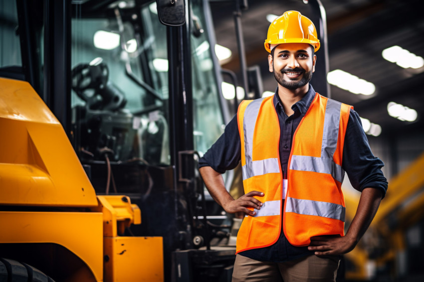 Indian man working as machine operator on blurred background