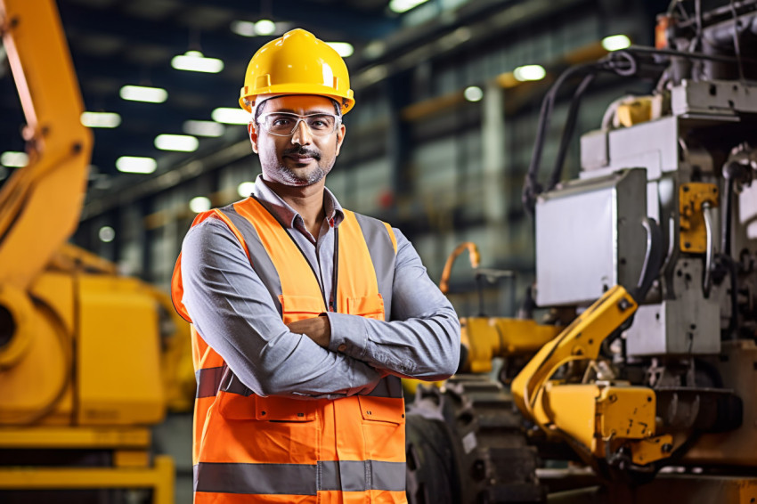 Indian man working as machine operator on blurred background