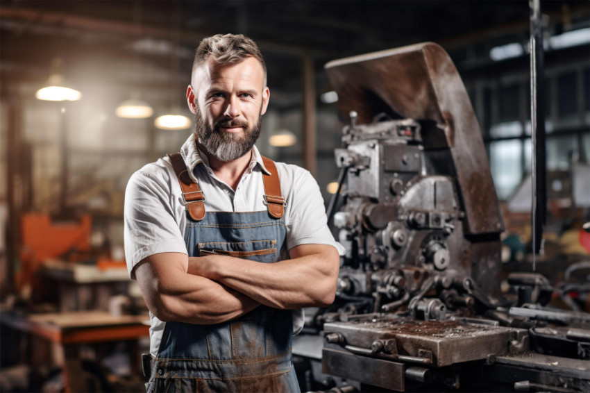 Skilled tool and die maker focused on work on blurred background