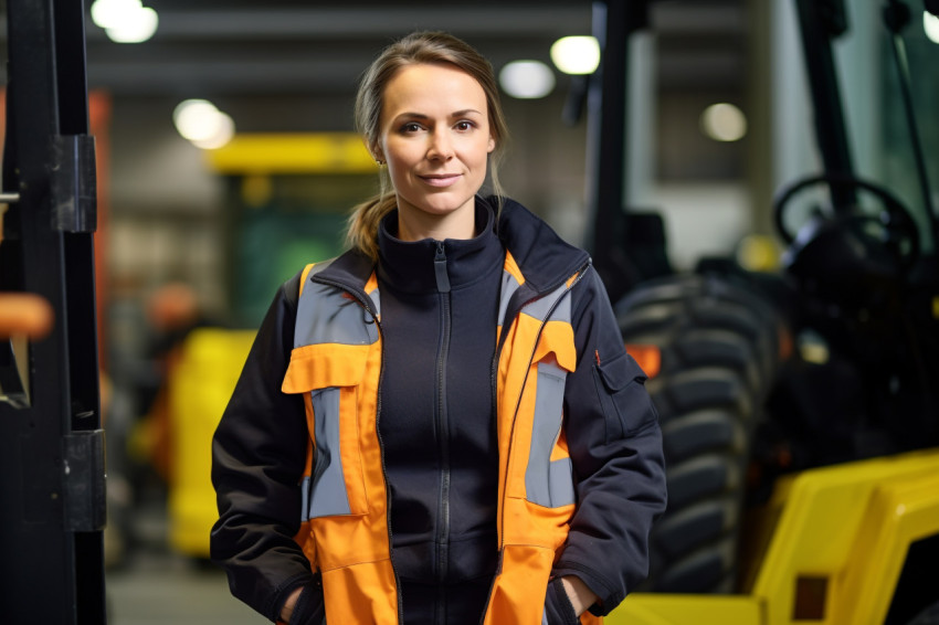 Female machinist working in a factory on blurred background