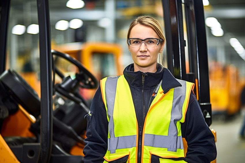 Female machinist working in a factory on blurred background