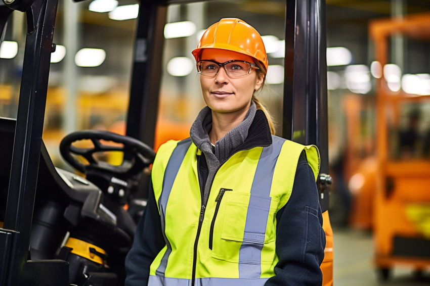 Female machinist working in a factory on blurred background