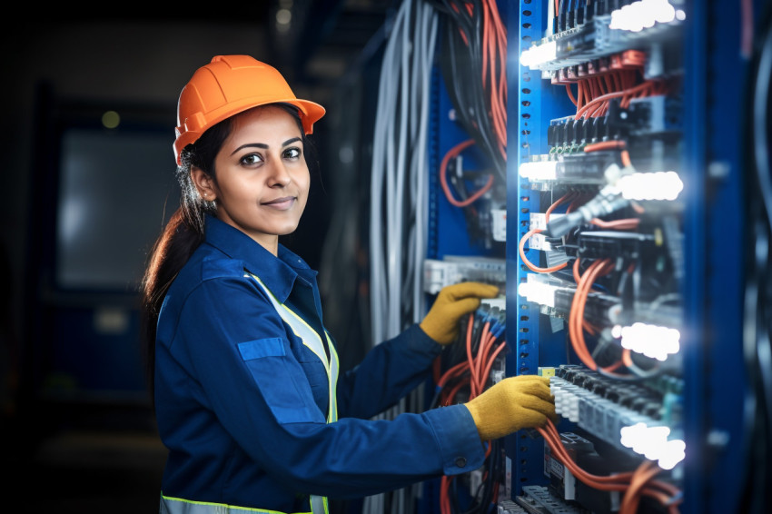 Indian female electrician working on blurred background