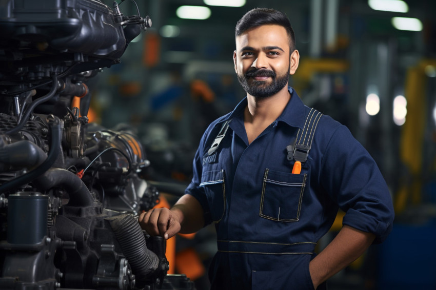 Indian mechanic working with confidence on blurred background