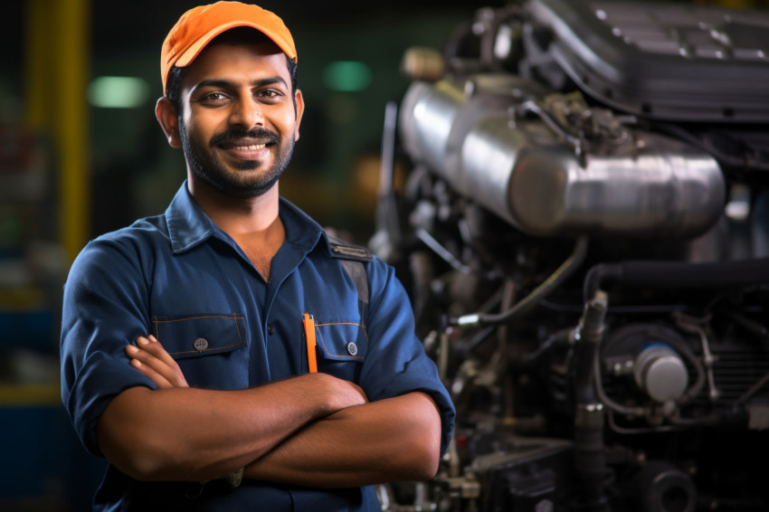 Indian mechanic working with confidence on blurred background