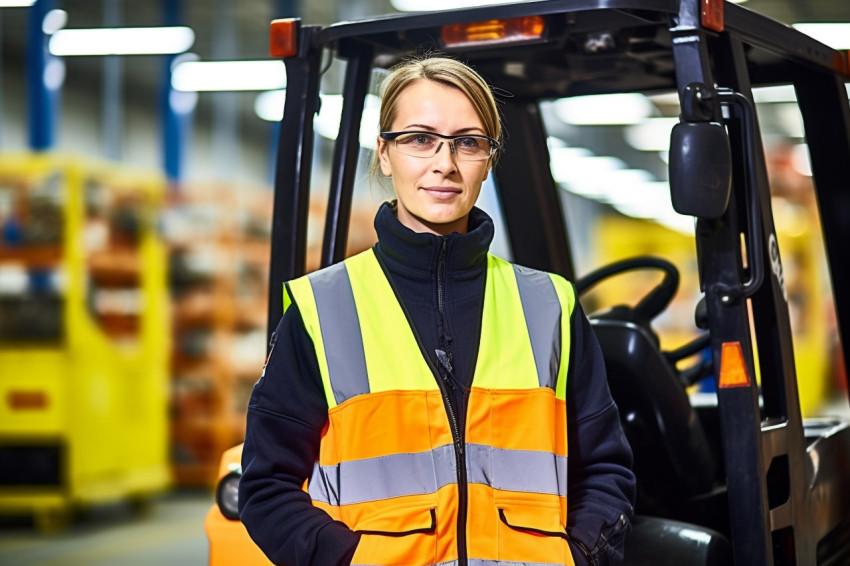 Female machinist working in a factory on blurred background