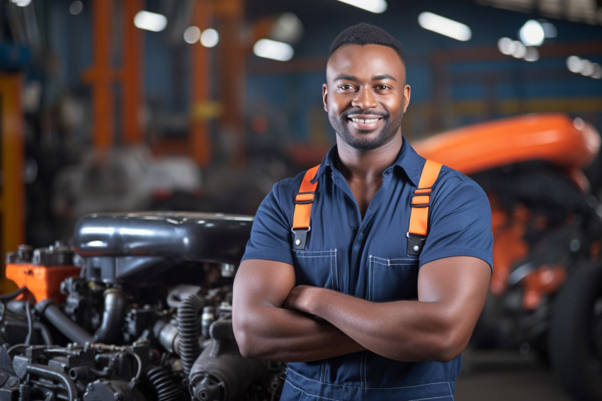 Indian mechanic working with confidence on blurred background