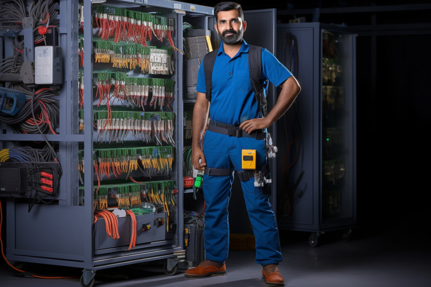 Indian male electrician working on blurred background