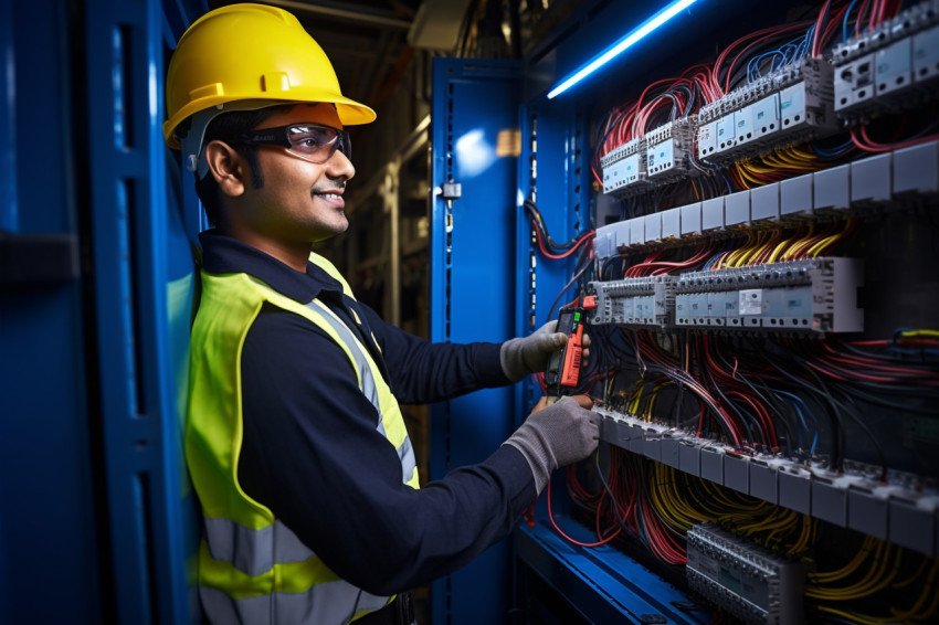 Indian female electrician working on blurred background