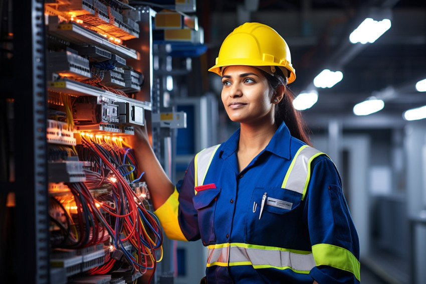 Indian female electrician working on blurred background