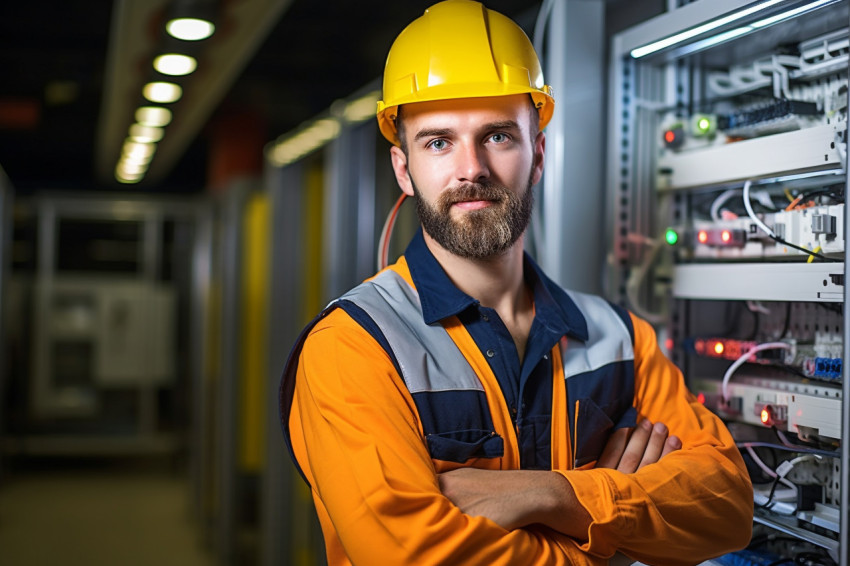 Electrician working on blurred background