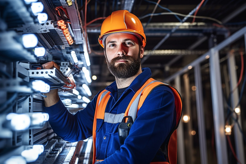 Electrician working on blurred background