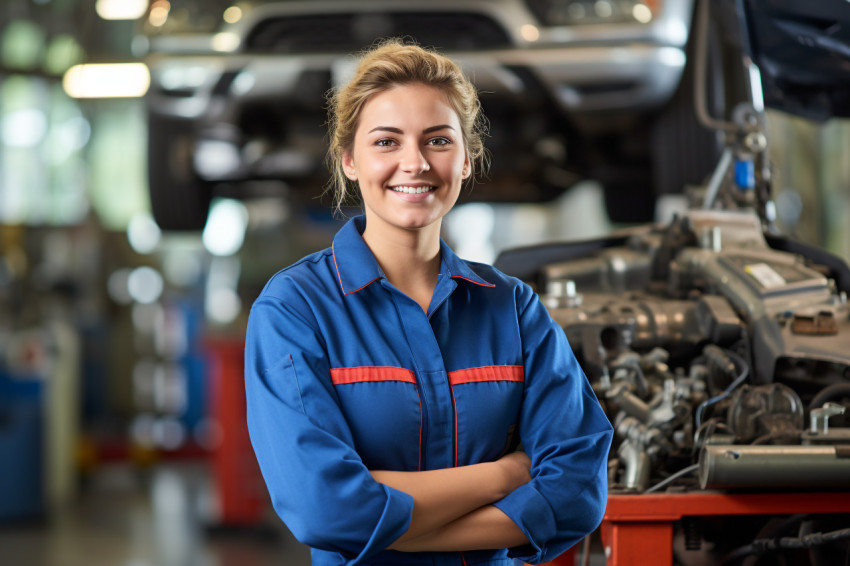 Female mechanic smiling on blurred background