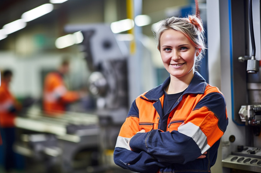 Smiling woman machinist working on blurred background