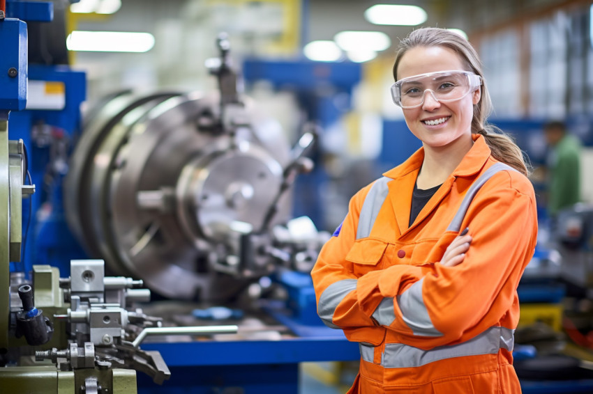 Smiling woman machinist working on blurred background